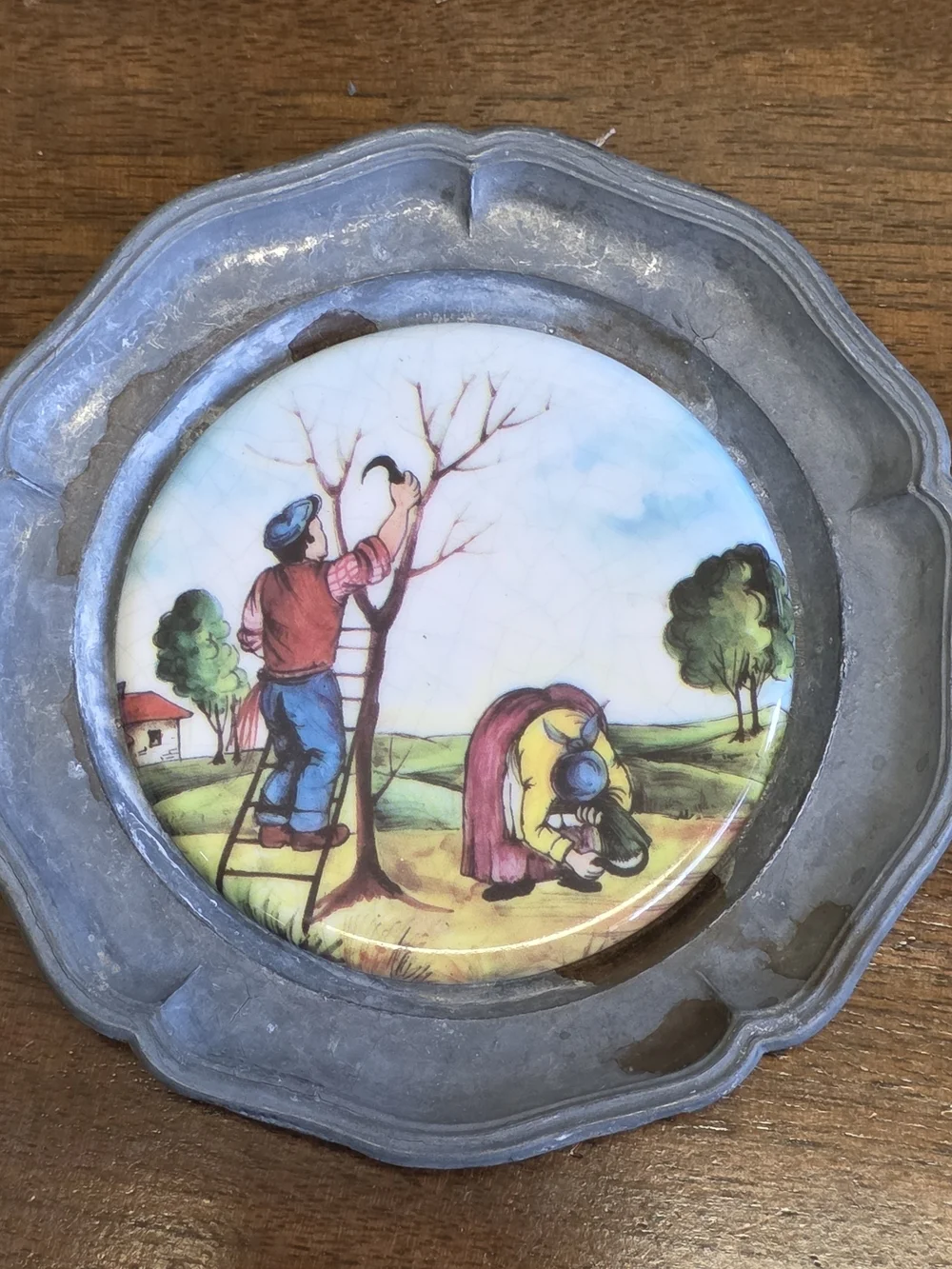 Vintage Pewter Folk Art Wall Plaques Set of 4 Peasant Farm Scenes Cottage Decor